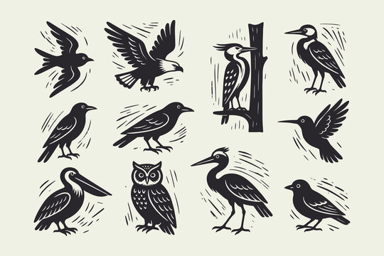 Vintage Woodcut Birds Set. Collection of Diverse Avian Species Silhouettes in Linocut Style.