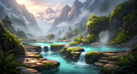Serene Mountain Oasis - A Tranquil Landscape of Waterfalls and Lush Greenery.