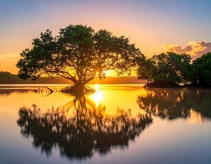 A vibrant sunset casts a golden hue over water, reflecting a tree