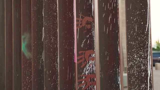 Border fence separating the United States of America and Mexico with red handprints. Blood handprints. U.S. Border and Customs Protection. Mexican US border wall.