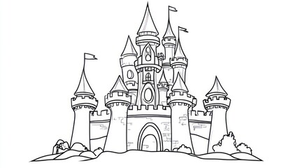 Fototapeta premium Detailed black and white illustration of a fairytale castle with towers