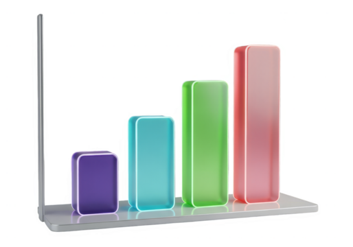 Colorful bar graph with purple, blue, green, and red bars on a silver base, representing data and statistics in a vibrant and modern way for business and finance - Powered by Adobe