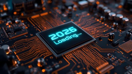 Futuristic Microchip Displaying '2026 Loading' on an Advanced Circuit Board with Glowing Orange Traces