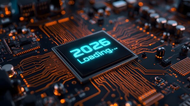 Futuristic Microchip Displaying '2026 Loading' on an Advanced Circuit Board with Glowing Orange Traces - Powered by Adobe