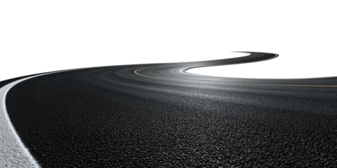 A winding dark asphalt road with a white line curves into blackness