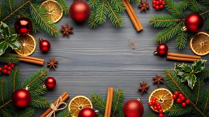 Rustic Christmas flat lay frame with pine branches red ornaments dried orange slices cinnamon sticks and spices on dark wooden background