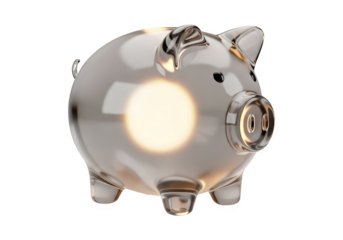 Shiny transparent glass piggy bank illuminated from within with a warm glowing light, isolated on a clean white background, representing savings and financial growth