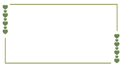 A minimalist rectangular green frame border on a transparent background. The left and right sides of the frame are decorated with a vertical row of small green hearts in alternating sizes. Clean lines