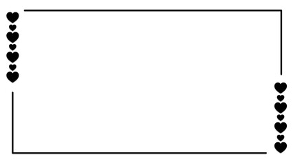 A minimalist rectangular black frame border on a transparent background. The left and right sides of the frame are decorated with a vertical row of small black hearts in alternating sizes. Clean lines
