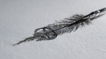 Close up of a feather quill pen on textured paper detailed writing element