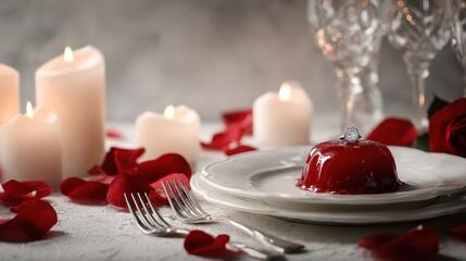 Romantic dinner scene with a ring on dessert candles and rose petals