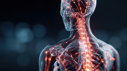 Human anatomy showing nervous system in detail against dark background