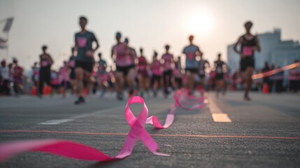 Runners participate in event with pink ribbon symbolizing support and awareness