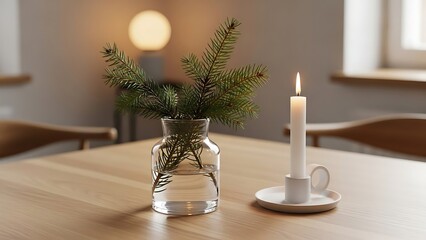 Minimal cozy interior scene with pine branches in glass vase and burning candle on wooden table creating calm winter holiday atmosphere
