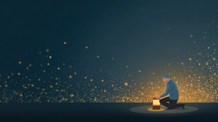 Man kneeling with light box against a dark background with shining particles