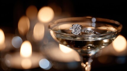 Diamond ring in champagne glass with warm bokeh background romantic proposal concept