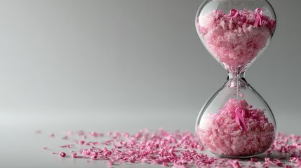 Hourglass with pink material and ribbon symbolizing awareness