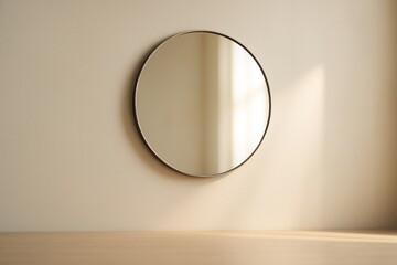 Minimal round mirror hanging on beige wall with sunlight reflection, clean wooden surface foreground, ideal for design mockup or interior background. Ai generative