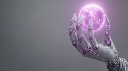 Robotic hand holding glowing sphere with copy space abstract concept illustration