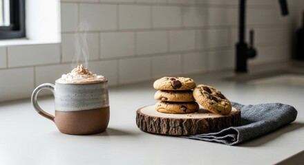 Cozy Hot Chocolate with Chocolate Chip Cookies on Kitchen Counter.