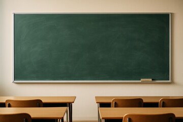 Empty green chalkboard in classroom with wooden desks and chairs in front, ideal for mockup or presentation background layout concept. Ai generative
