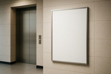 Blank poster mockup in metal frame on clean beige tiled wall beside elevator in modern building interior for branding or advertising display. Ai generative