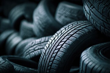 Piled car tires at a service center showcasing their varying textures and depths in a well-lit environment