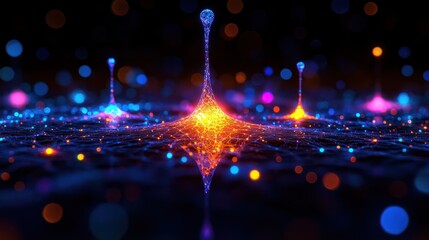 Vibrant neural network with glowing nodes and connections in a futuristic digital landscape