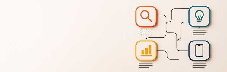 Infographic interface with four colorful icons representing search, ideas, data, and mobile on light background with empty copy space. Ai generative