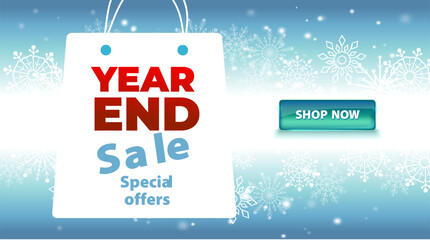 Editable text vector banner for year end sale promotion with snowflakes on winter background. Text is not outlined. Fonts are not included. Clean modern layout for websites ads and social media.