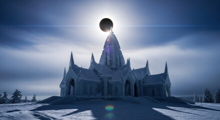 Mysterious Ice Castle Under a Solar Eclipse in a Snowy Landscape.