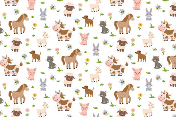 Seamless pattern featuring adorable cartoon farm animals like cows, pigs, and horses surrounded by flowers and bees. This vector illustration is perfect for children s designs.