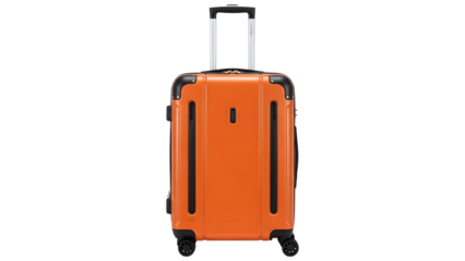 Orange suitcase with black accents and handle extended isolated on a transparent background luggage travel