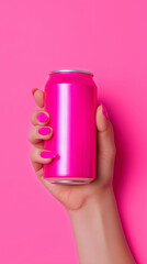 Hand holding a pink aluminum can against a bright monochrome background.
