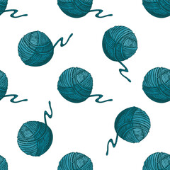 Hand drawn vintage seamless pattern of turquoise yarn balls with thread tail, knitting inspired cozy textile background