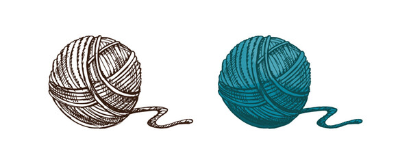 Hand drawn vintage sketch of yarn balls in turquoise and monochrome style with thread tail, isolated illustration