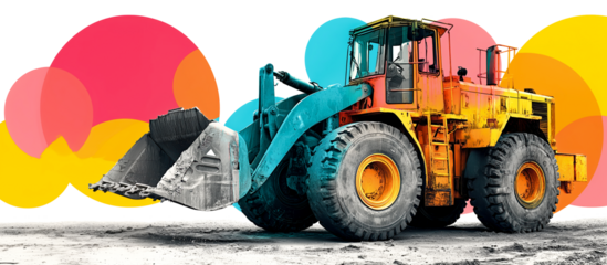 Bulldozer construction heavy machinery industrial loader earthmoving yellow orange rugged Confidence meets power vibrant scene of heavy wheel loader gritty ground, bold halftone circles, isolated