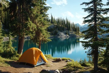 A serene lakeside campsite nestled amidst towering trees, where a solitary yellow tent stands as a beacon of human presence against the backdrop of a tranquil lake and majestic mountains.
