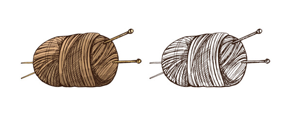 Hand drawn vintage sketch of yarn skein with knitting needles in brown and monochrome versions, isolated vector illustration