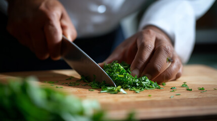 Obraz premium Chef chopping fresh green herbs on a wooden cutting board during food preparation. 