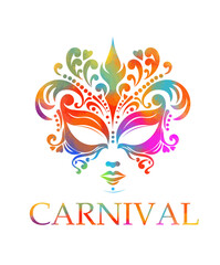 Obraz premium Carnival colored mask. Festive background. Hand drawn. Not AI, vector illustration