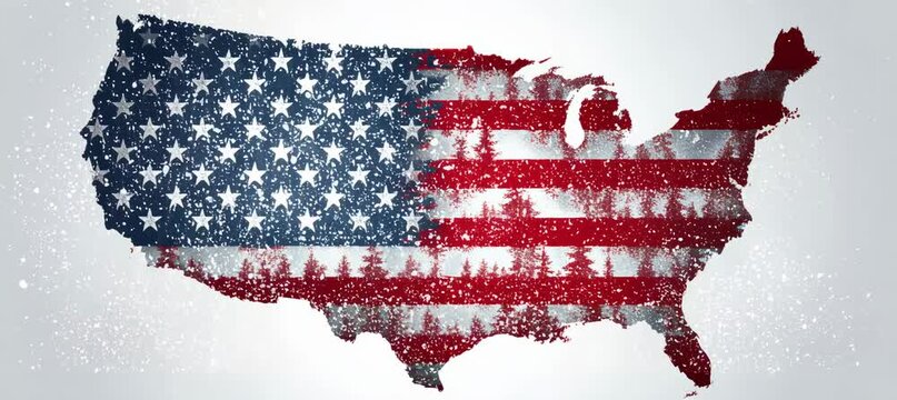 America flag map with frost winter effect. USA 4th of July Memorial or Independence day. Christmas December and new year holiday event. Generative video AI technology.	