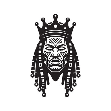 Tribal King with Dreadlocks and Crown Vector Illustration. African warrior face silhouette with ethnic geometric tattoo. Royal male mascot logo design in black and white style.
