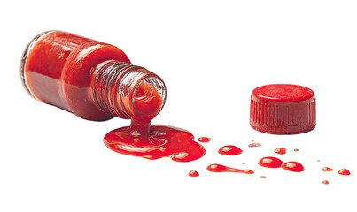 A small glass bottle tipped over, spilling red liquid with droplets scattered