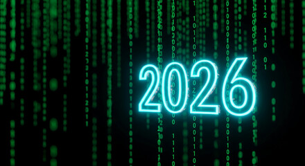 Image of digital number streams with a glowing 2026, concept of future tech, new era. Suitable for background, banner, wallpaper and technology.