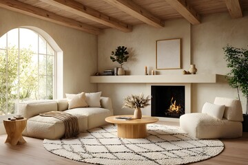 Fototapeta premium Cozy living room interior with a warm fireplace and neutral tones creates a relaxing and inviting atmosphere.
