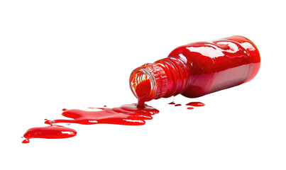 Red liquid spills from a glass bottle, creating a shiny puddle on a dark background