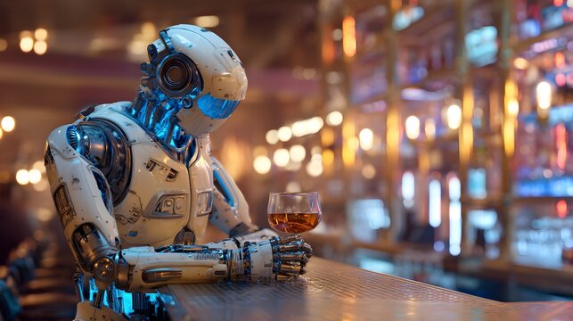 Futuristic robot thoughtfully contemplates a drink at a dimly lit bar counter, lost in quiet reflection. - Powered by Adobe