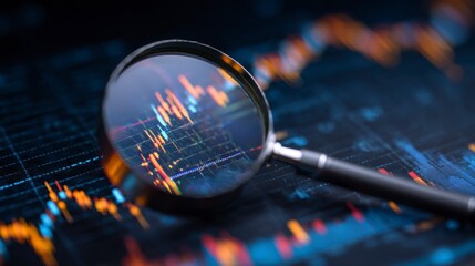 Close-up view of a magnifying glass over a blurred financial chart. The data is a mix of orange, yellow, and blue colors. The glass shows data points