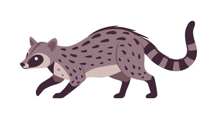 Civet cute palm animal sneaking pose. Agile, arboreal toddy cat, greyish colour, black spots musang funny tropical Asia, Africa creature, zoo, amazing wild life. Vector flat style cartoon illustration